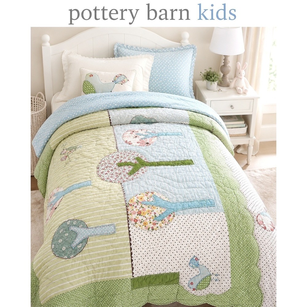 Pottery Barn Kids Quilt Green Blue Patchwork Tree Bird Scalloped Twin Bedspread
